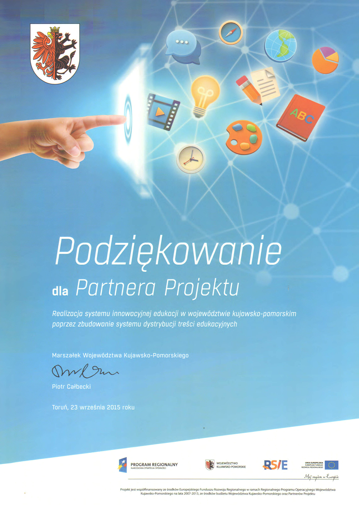 Podziękowanie dla partnera projektu